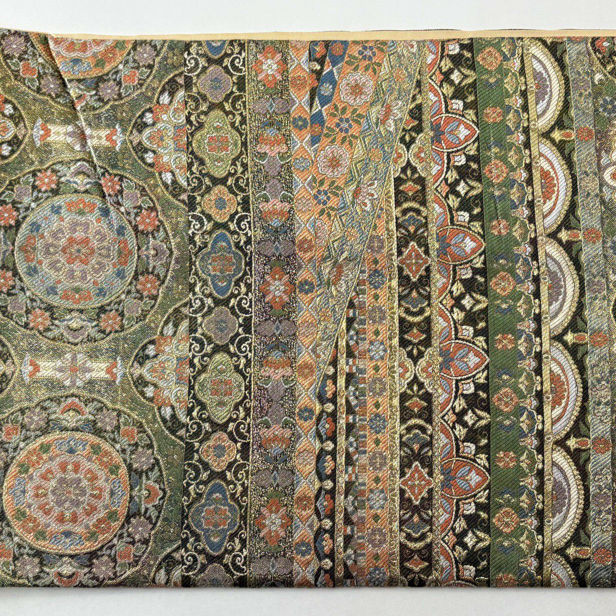 袋帶 秀品級 西都更紗文 金絲 刺繡 灰綠 六通 純蠶絲