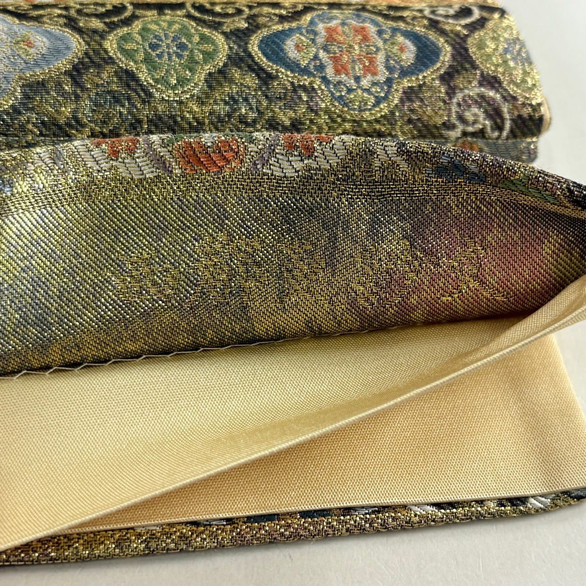 袋帶 秀品級 西都更紗文 金絲 刺繡 灰綠 六通 純蠶絲