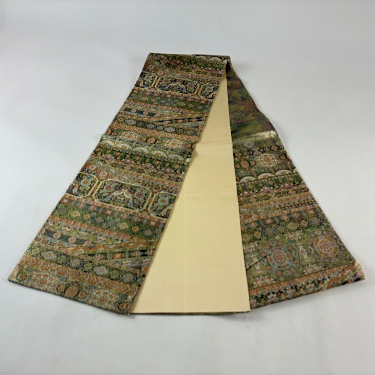 袋帶 秀品級 西都更紗文 金絲 刺繡 灰綠 六通 純蠶絲