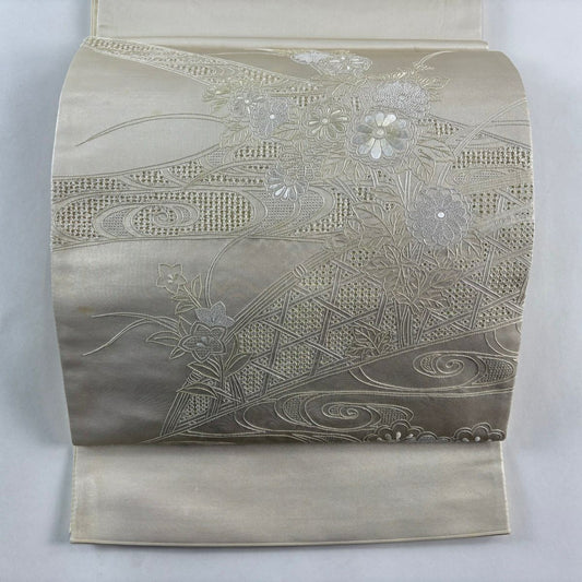 袋帶 秀品級 關西仕立 雛菊花 桔梗 刺繡 金金箔 米色 大鼓圖案 純蠶絲