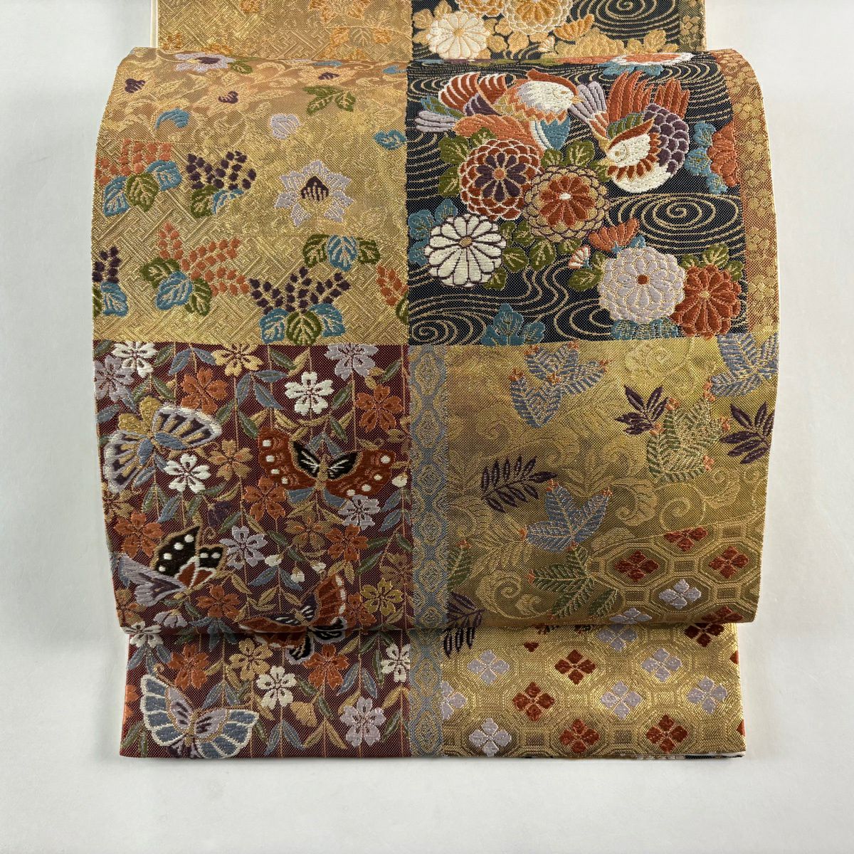 【美品】 袋帶 秀品級 花蝶 若松樹 刺繡 金線 紅茶 六通 純蠶絲
