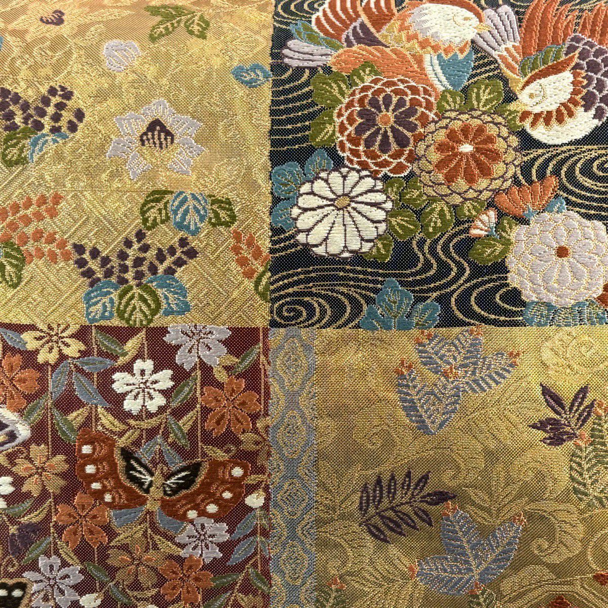 【美品】 袋帶 秀品級 花蝶 若松樹 刺繡 金線 紅茶 六通 純蠶絲