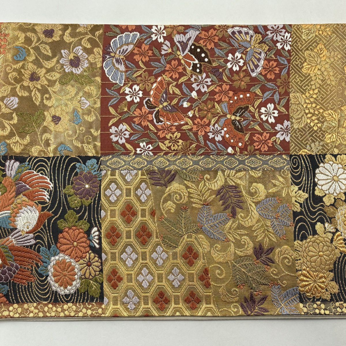 【美品】 袋帶 秀品級 花蝶 若松樹 刺繡 金線 紅茶 六通 純蠶絲
