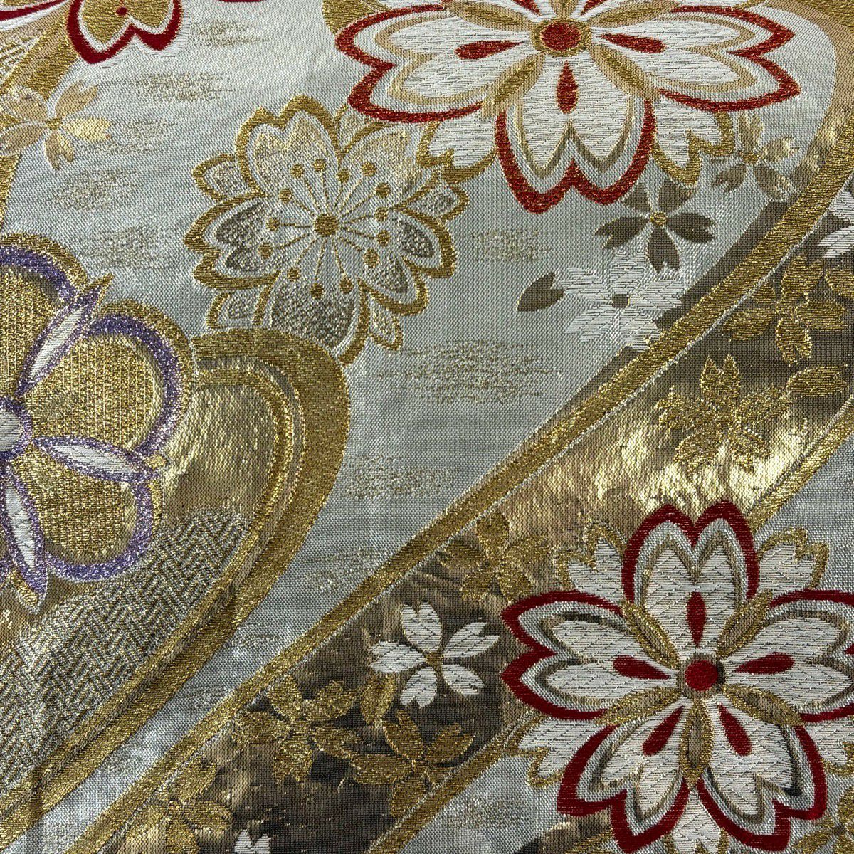 袋帶 秀品級櫻梅花金金箔銀色六通 純蠶絲