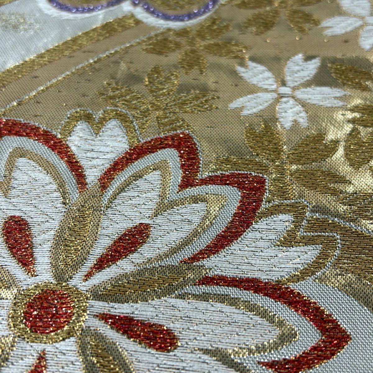 袋帶 秀品級櫻梅花金金箔銀色六通 純蠶絲