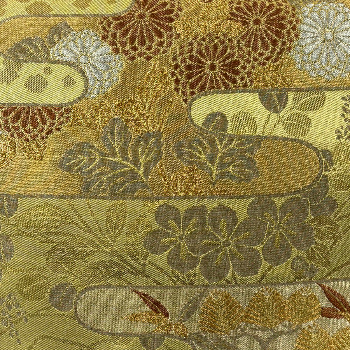 袋帶 秀品級 川島織物 落款あり ヱ霞 松樹竹子梅花 金銀彩 金金箔 黃綠 六通 純蠶絲