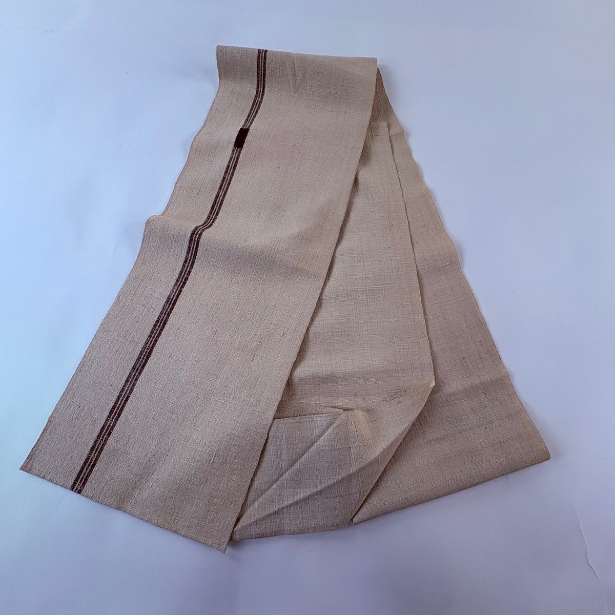 【美品】 名古屋帶 秀品級 紬織織 八寸名古屋帶 松樹葉仕立 縞模樣 米色 純蠶絲