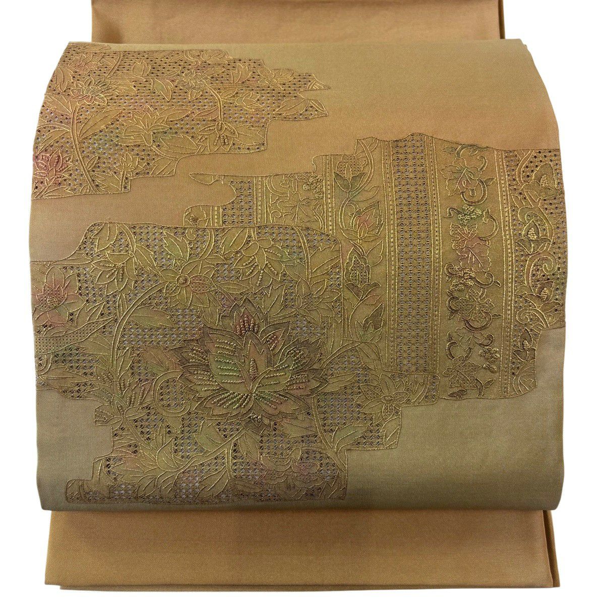 【美品】 袋帶 秀品級 草花紋紋 金糸刺繡 米色 お太鼓圖案 純蠶絲