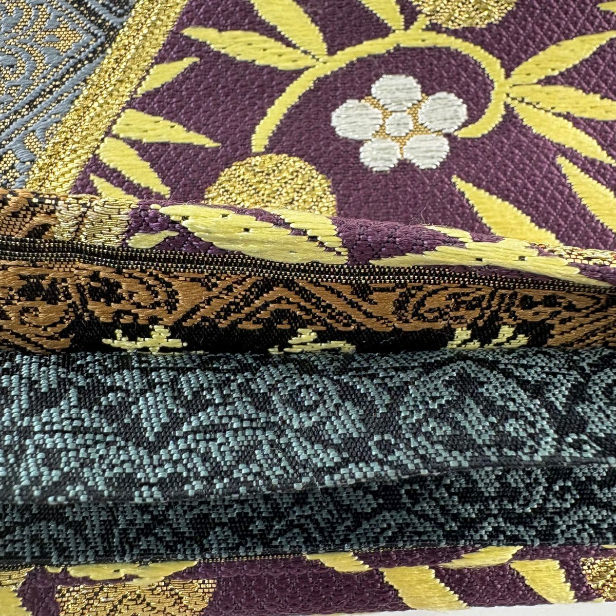【美品】 袋帶 秀品級 じゅらく 落款あり 笹蔓 花 金銀彩 金金箔 灰綠 六通 純蠶絲