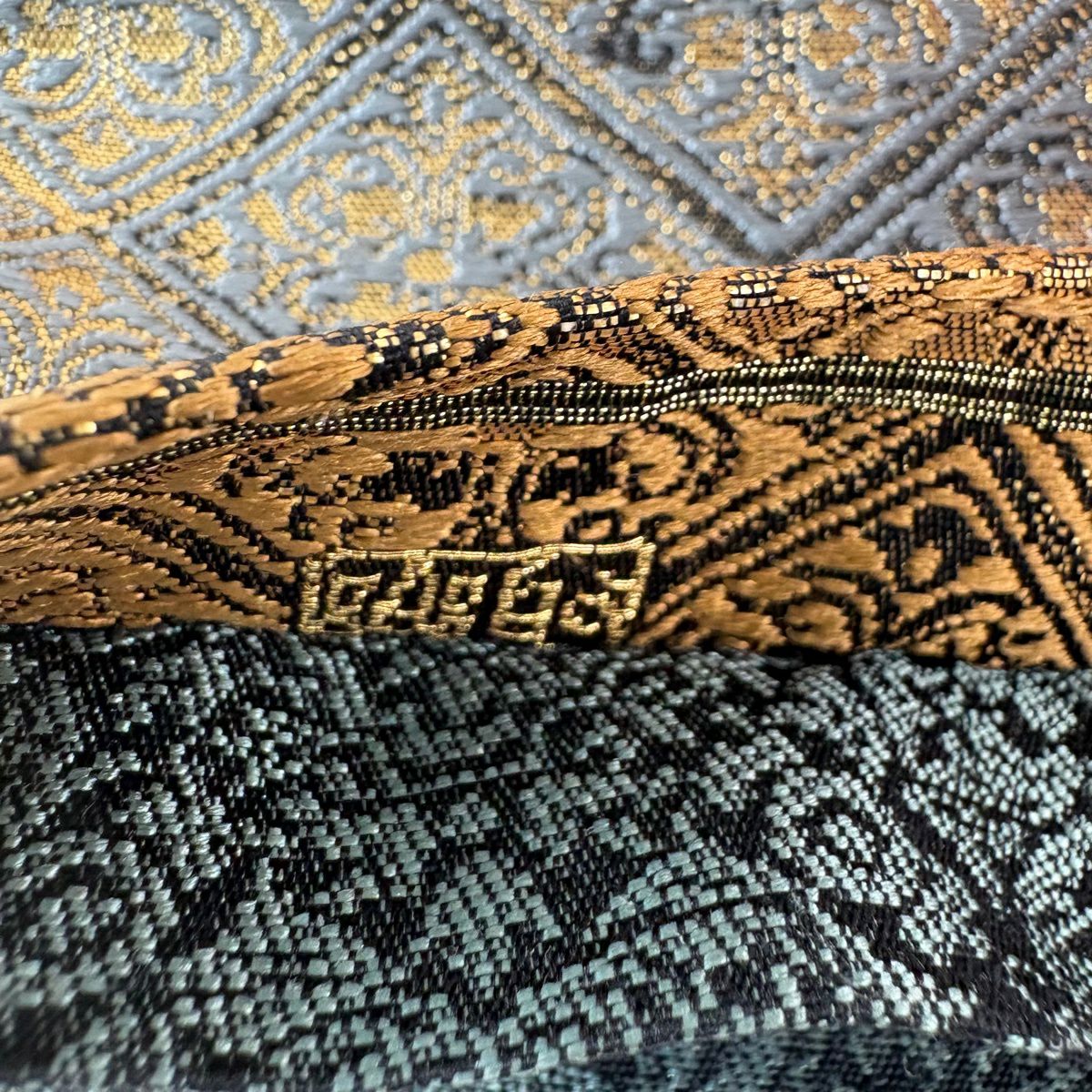 【美品】 袋帶 秀品級 じゅらく 落款あり 笹蔓 花 金銀彩 金金箔 灰綠 六通 純蠶絲