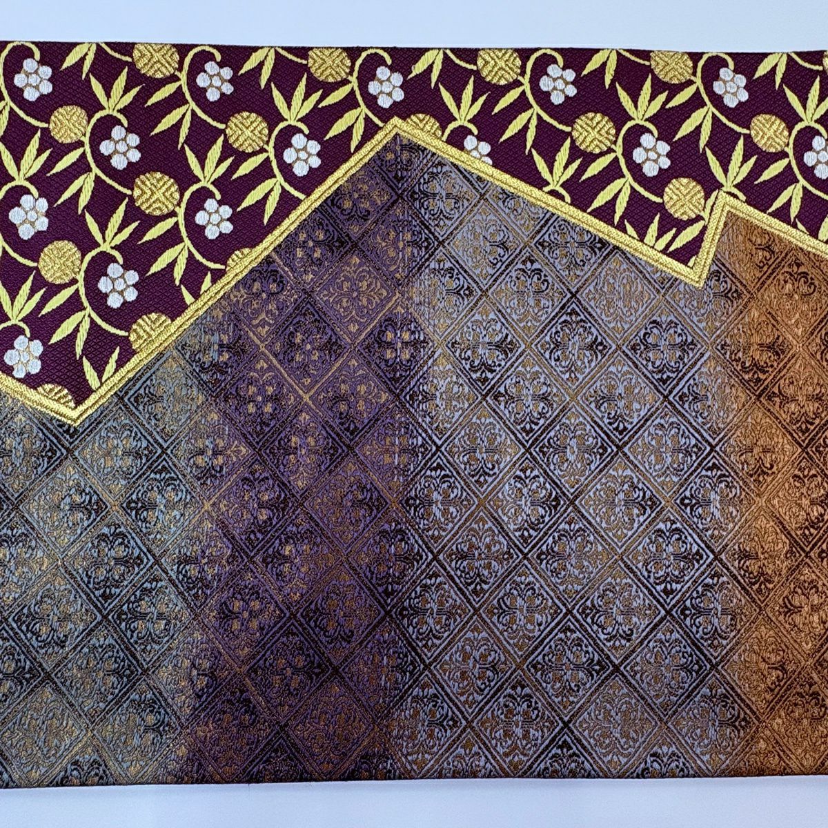 【美品】 袋帶 秀品級 じゅらく 落款あり 笹蔓 花 金銀彩 金金箔 灰綠 六通 純蠶絲