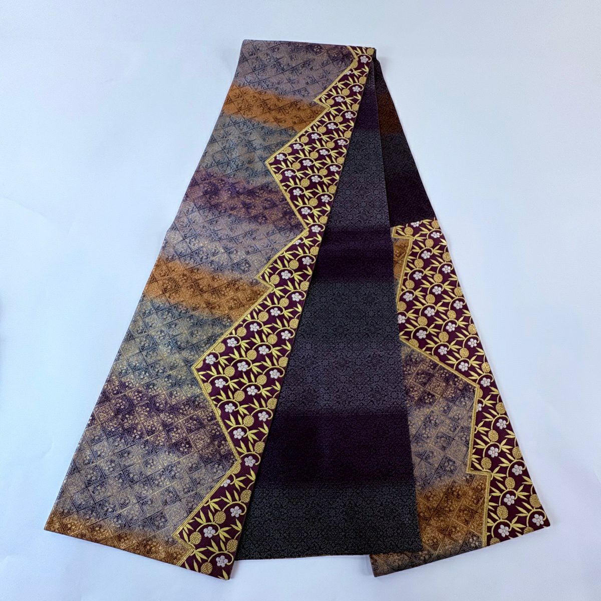 【美品】 袋帶 秀品級 じゅらく 落款あり 笹蔓 花 金銀彩 金金箔 灰綠 六通 純蠶絲