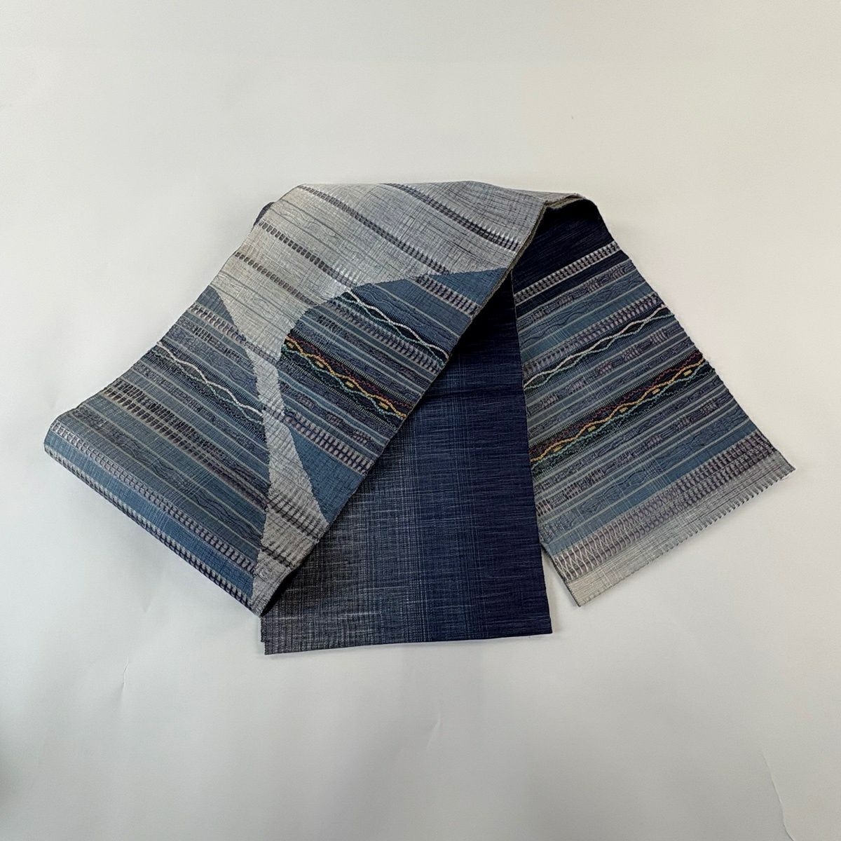 【美品】 袋帶 秀品級 幾何圖案 金絲 青灰 深藍色 正蠶絲