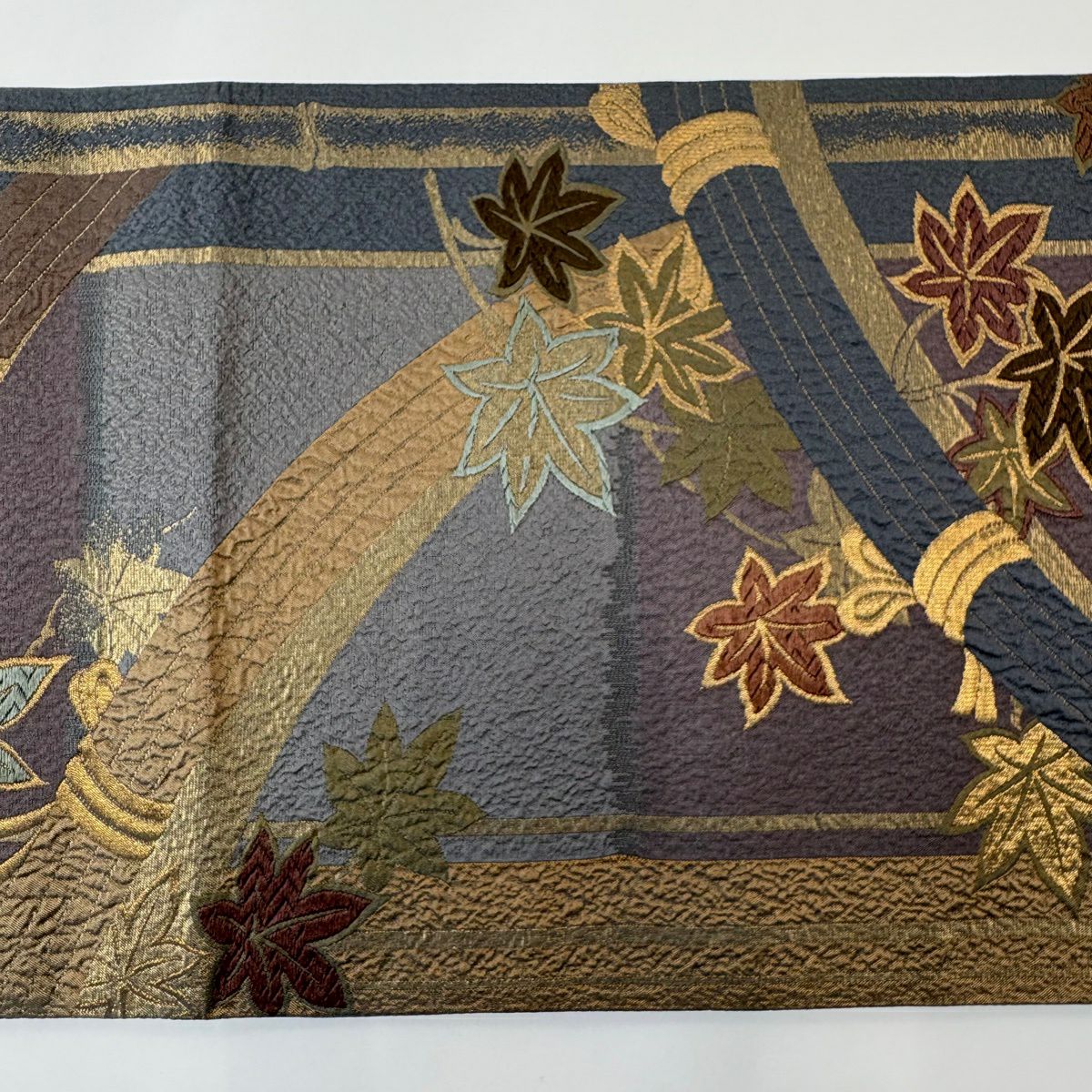 【美品】 袋帶 秀品級 楓 金絲 金金箔 青灰 六通 純蠶絲