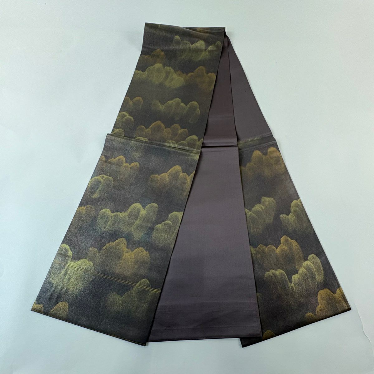 【美品】 袋帶 秀品級 附落款 草木染 關西仕立 山野忠雄 幾何學圖案 金絲 灰紫 六通 純蠶絲