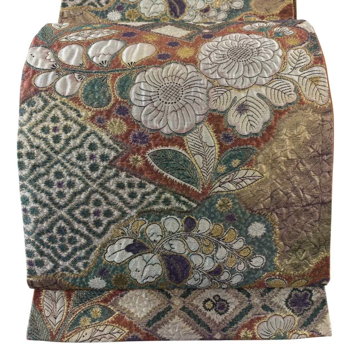 【美品】 袋帶 秀品級 草花紋紋 金金箔 鮭粉色 六通 純蠶絲