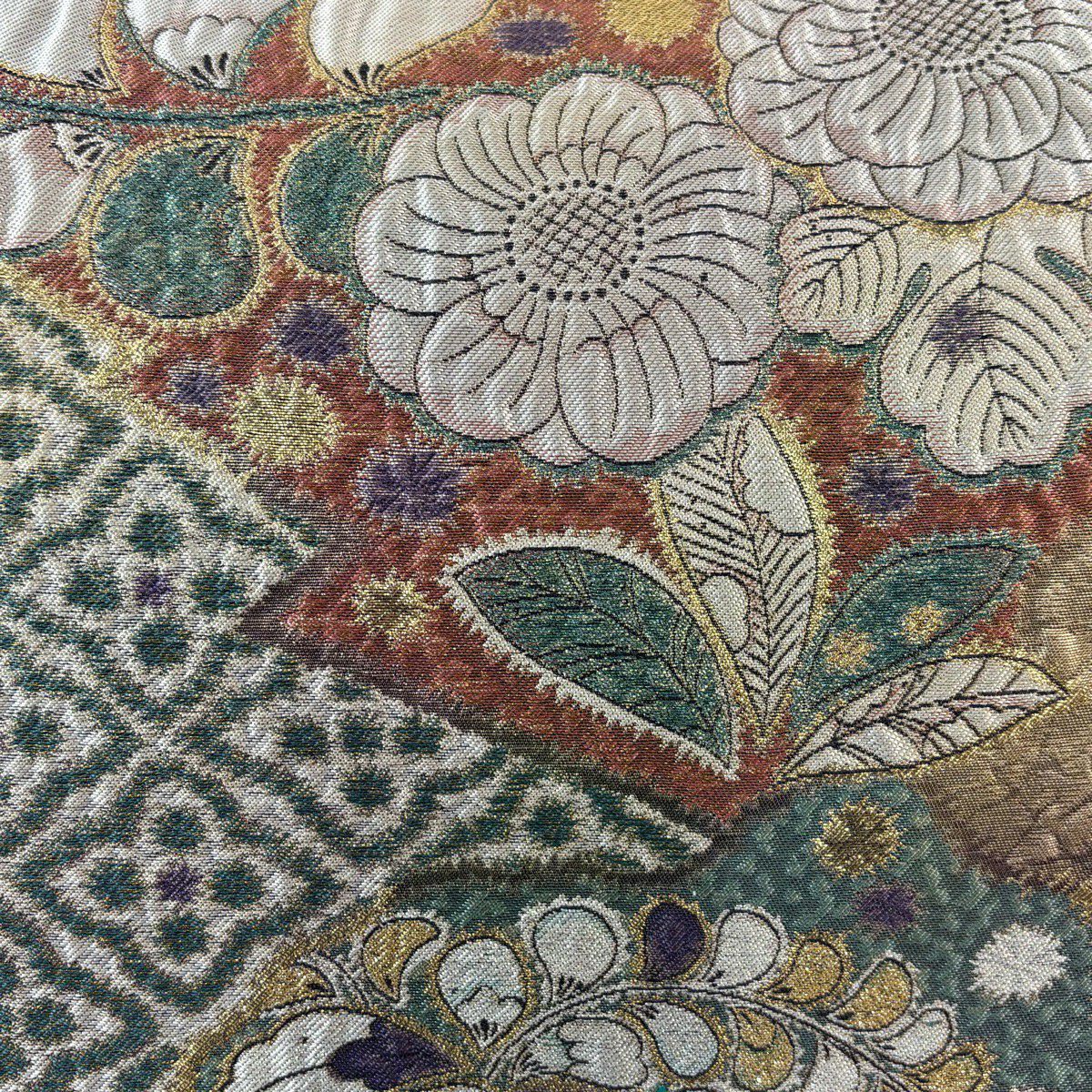 【美品】 袋帶 秀品級 草花紋紋 金金箔 鮭粉色 六通 純蠶絲