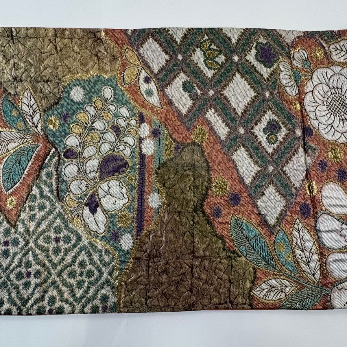 【美品】 袋帶 秀品級 草花紋紋 金金箔 鮭粉色 六通 純蠶絲