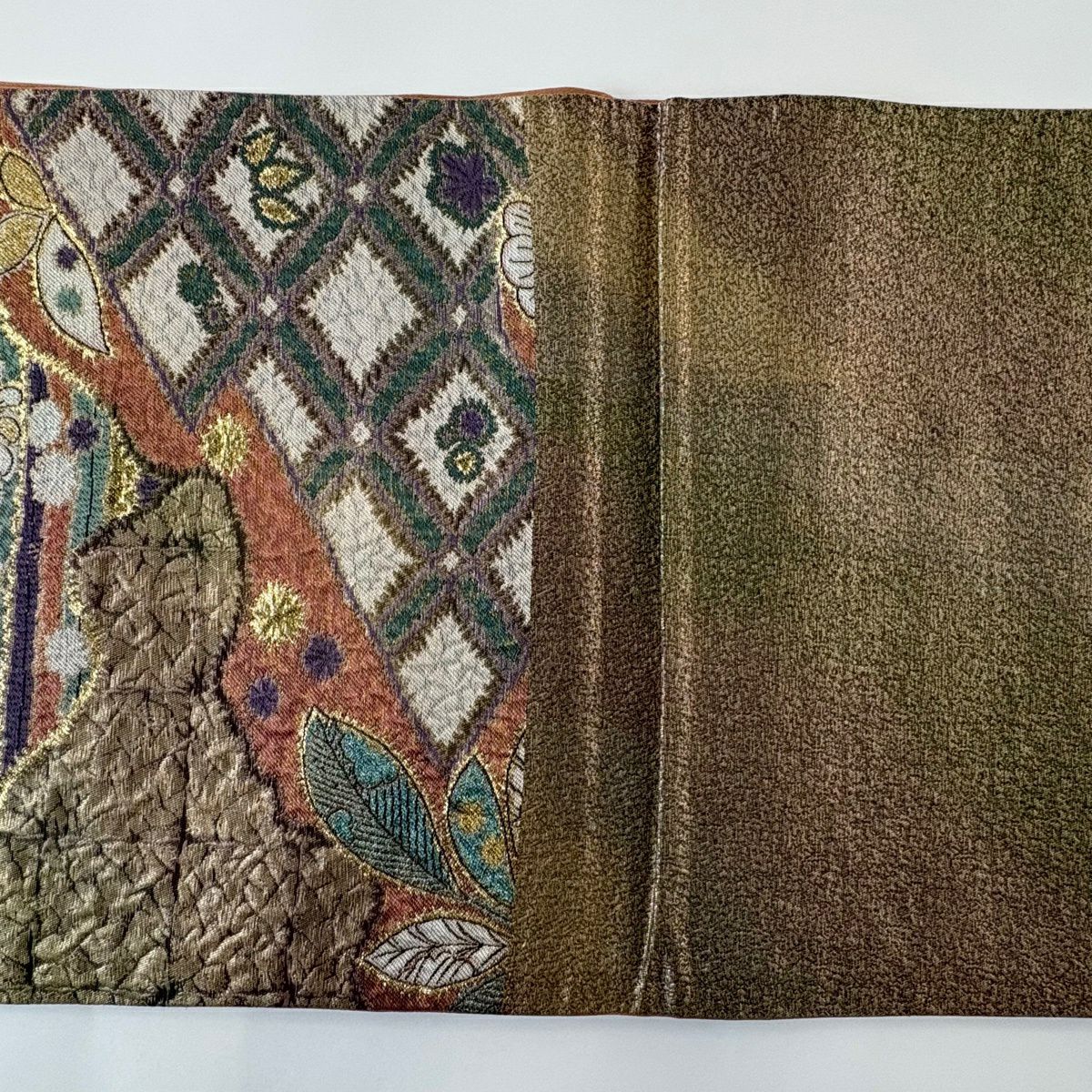 【美品】 袋帶 秀品級 草花紋紋 金金箔 鮭粉色 六通 純蠶絲