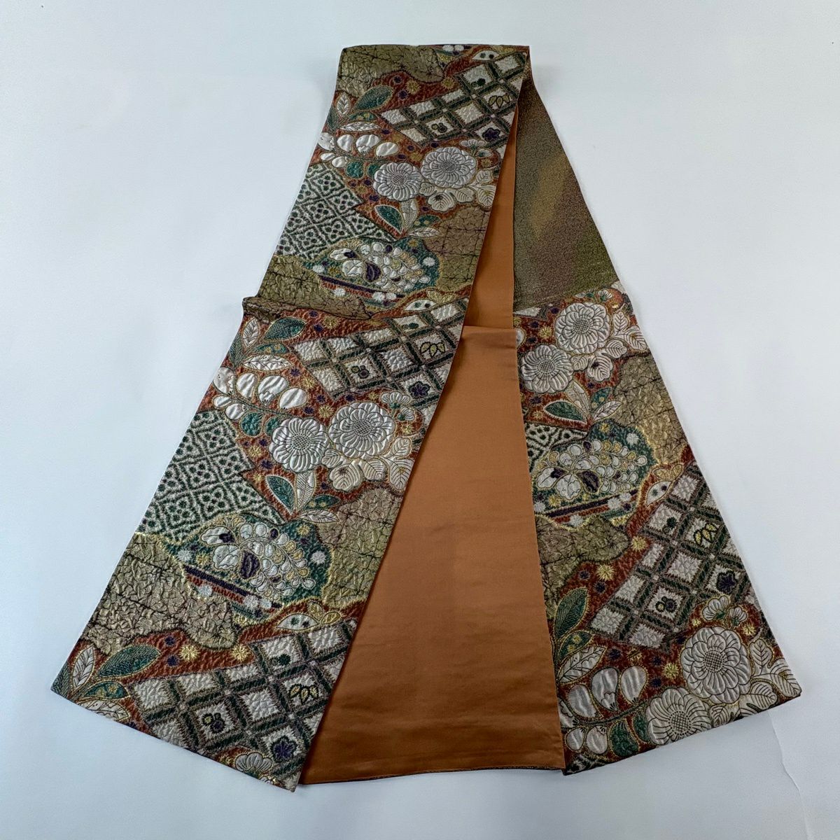 【美品】 袋帶 秀品級 草花紋紋 金金箔 鮭粉色 六通 純蠶絲