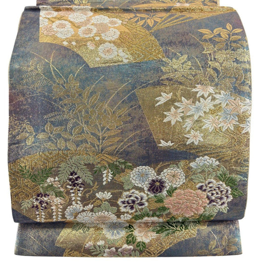 袋帶 秀品級 扇子面 草花紋紋 唐織 金金箔 灰紫 六通 純蠶絲