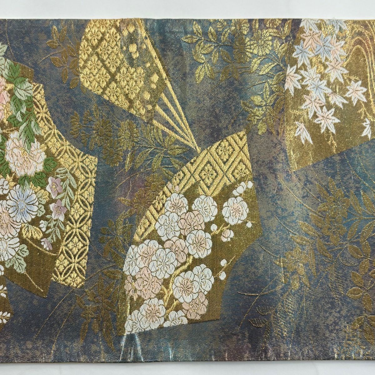 袋帶 秀品級 扇子面 草花紋紋 唐織 金金箔 灰紫 六通 純蠶絲