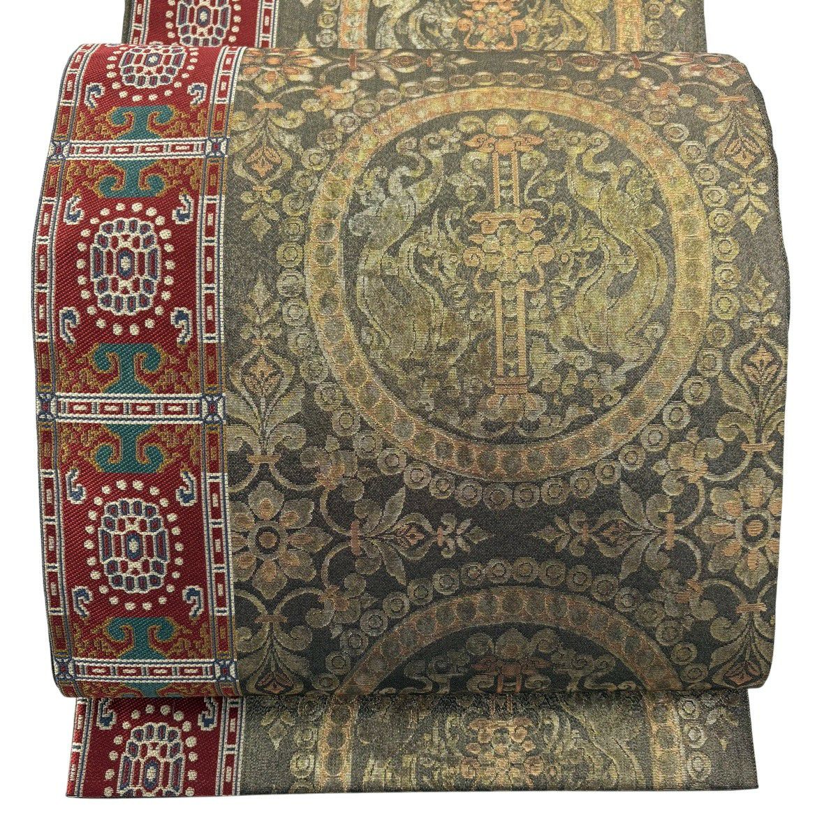 【美品】 袋帶 秀品級 草花紋 龍 金金箔 金絲 茶綠 六通 純蠶絲