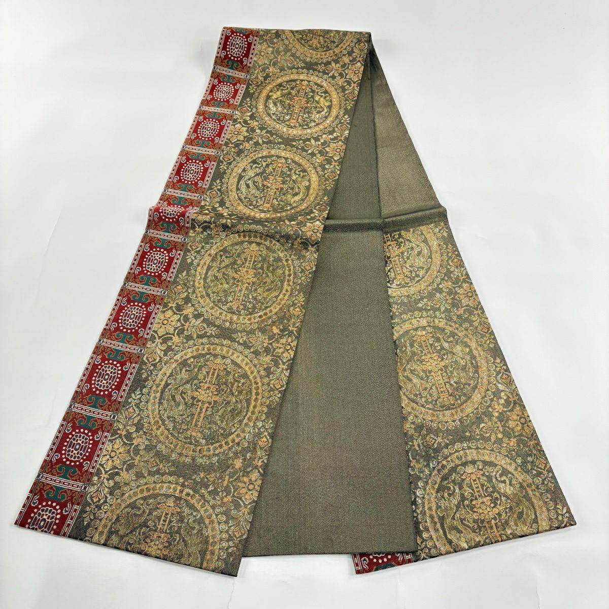 【美品】 袋帶 秀品級 草花紋 龍 金金箔 金絲 茶綠 六通 純蠶絲