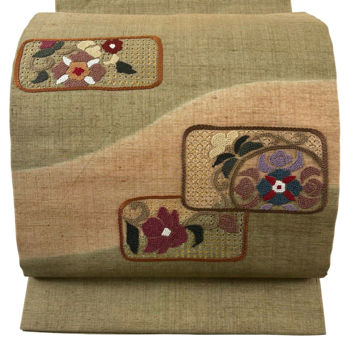 【美品】 開口名古屋帶 優品級 紬織織 草花紋紋 幾何學刺繡 灰綠 純蠶絲