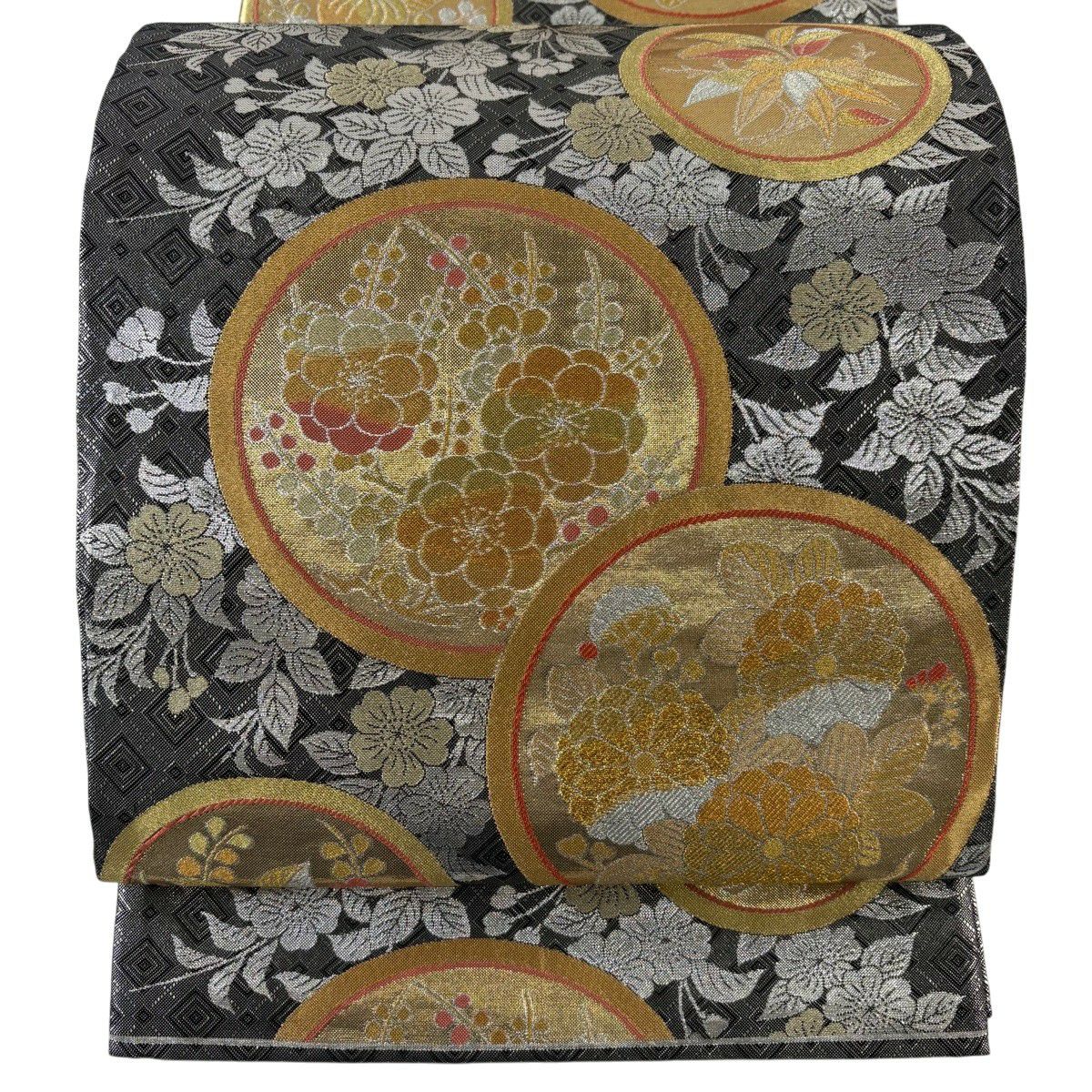 【美品】 袋帶 秀品級 菊花 枝梅花 金金箔 金銀彩 銀色 全通 純蠶絲