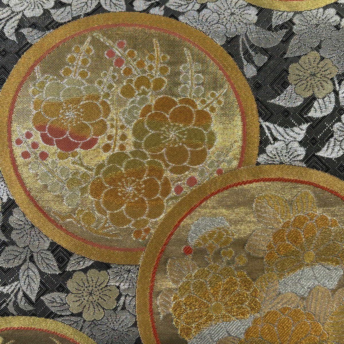【美品】 袋帶 秀品級 菊花 枝梅花 金金箔 金銀彩 銀色 全通 純蠶絲