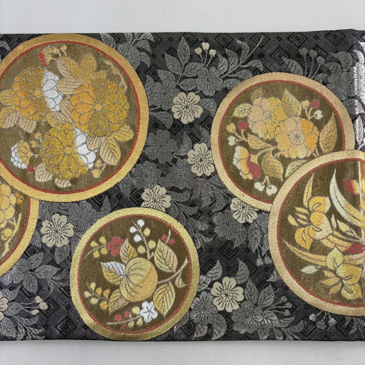 【美品】 袋帶 秀品級 菊花 枝梅花 金金箔 金銀彩 銀色 全通 純蠶絲