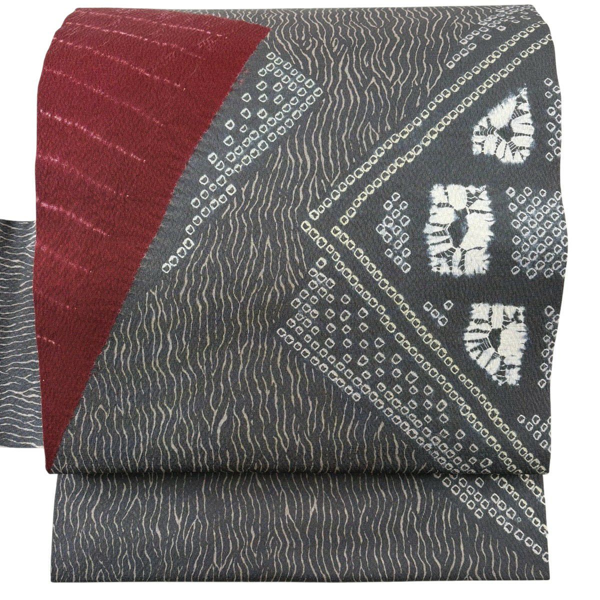 【美品】 名古屋帶 秀品級 幾何學 縮緬 灰 純蠶絲