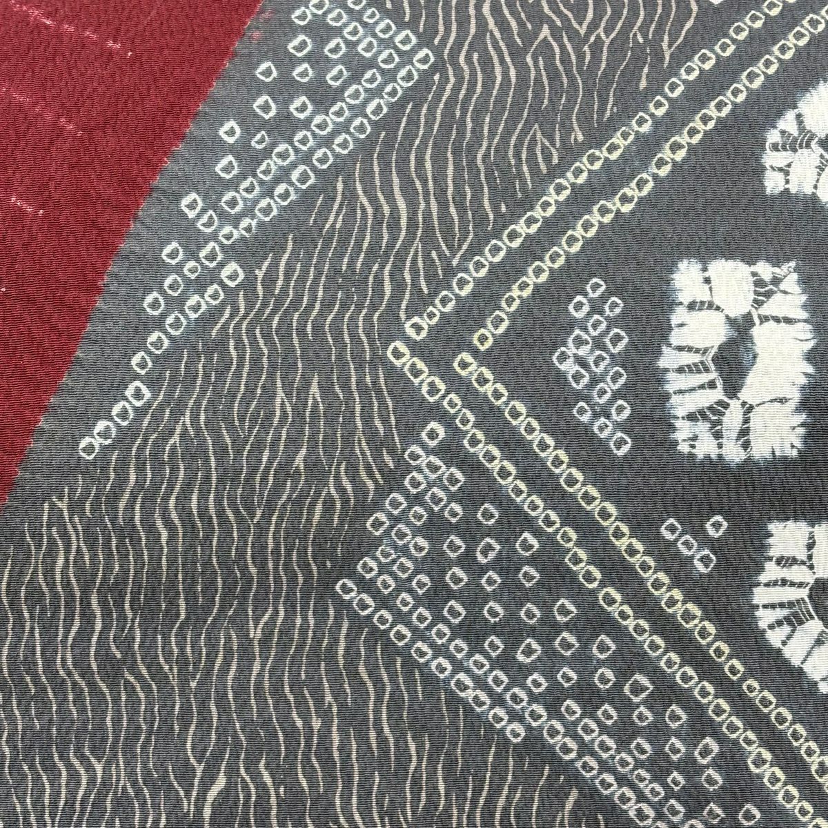 【美品】 名古屋帶 秀品級 幾何學 縮緬 灰 純蠶絲
