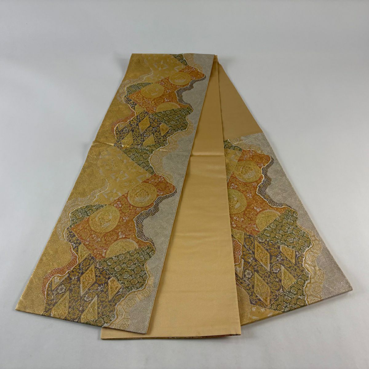 袋帶 秀品級 鏡裏文 花鳥 金銀線 金金箔 金色 六通 純蠶絲