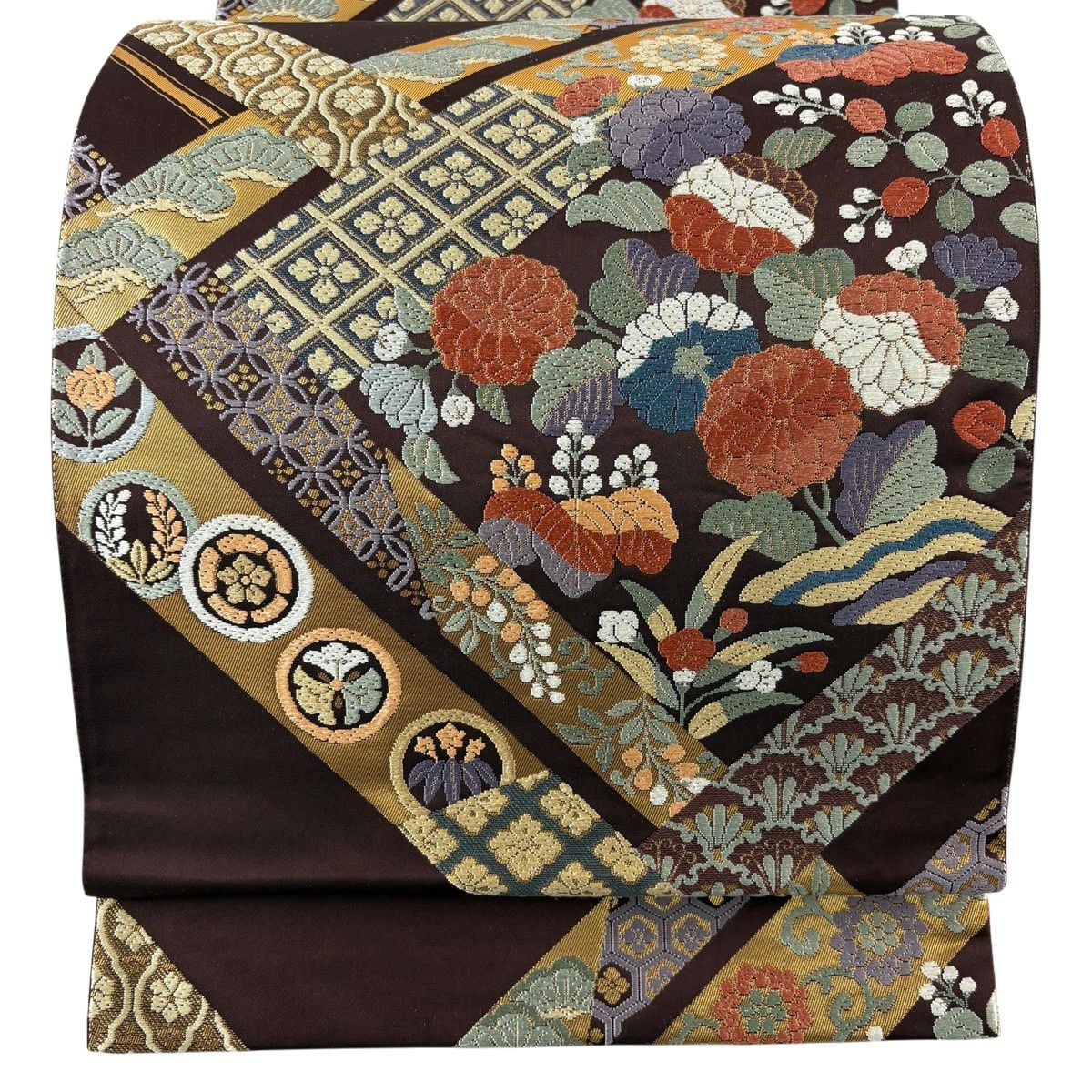 【美品】 袋帶 秀品級 草花紋 花菱 唐織 金金箔 焦茶 六通 純蠶絲