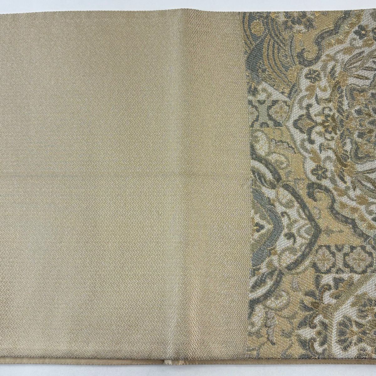 【美品】 袋帶 秀品級 華紋 向鳥 金絲 奶油 六通 純蠶絲