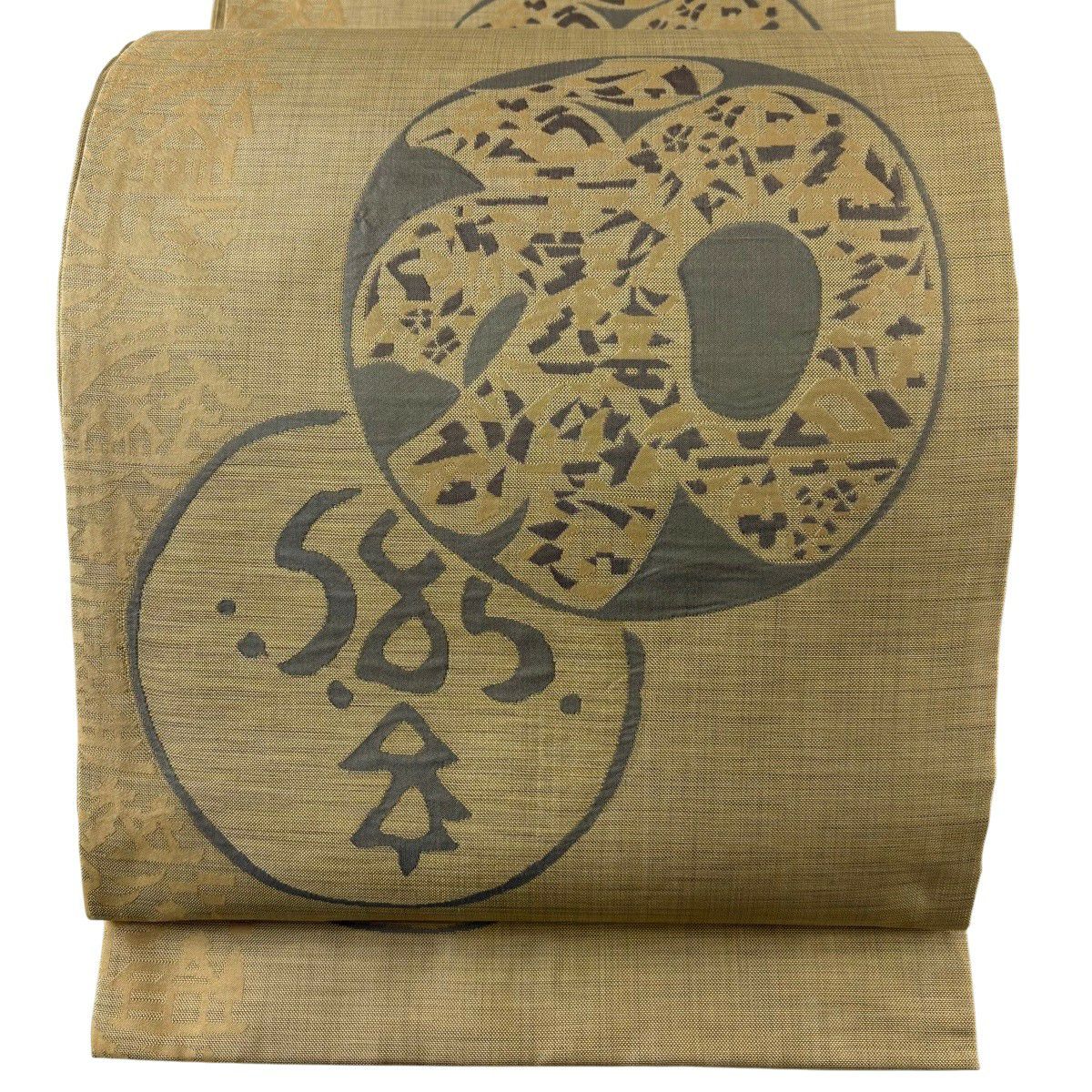 【美品】 袋帶 秀品級 木屋太 落款あり 幾何學 樹木 米色 六通 純蠶絲