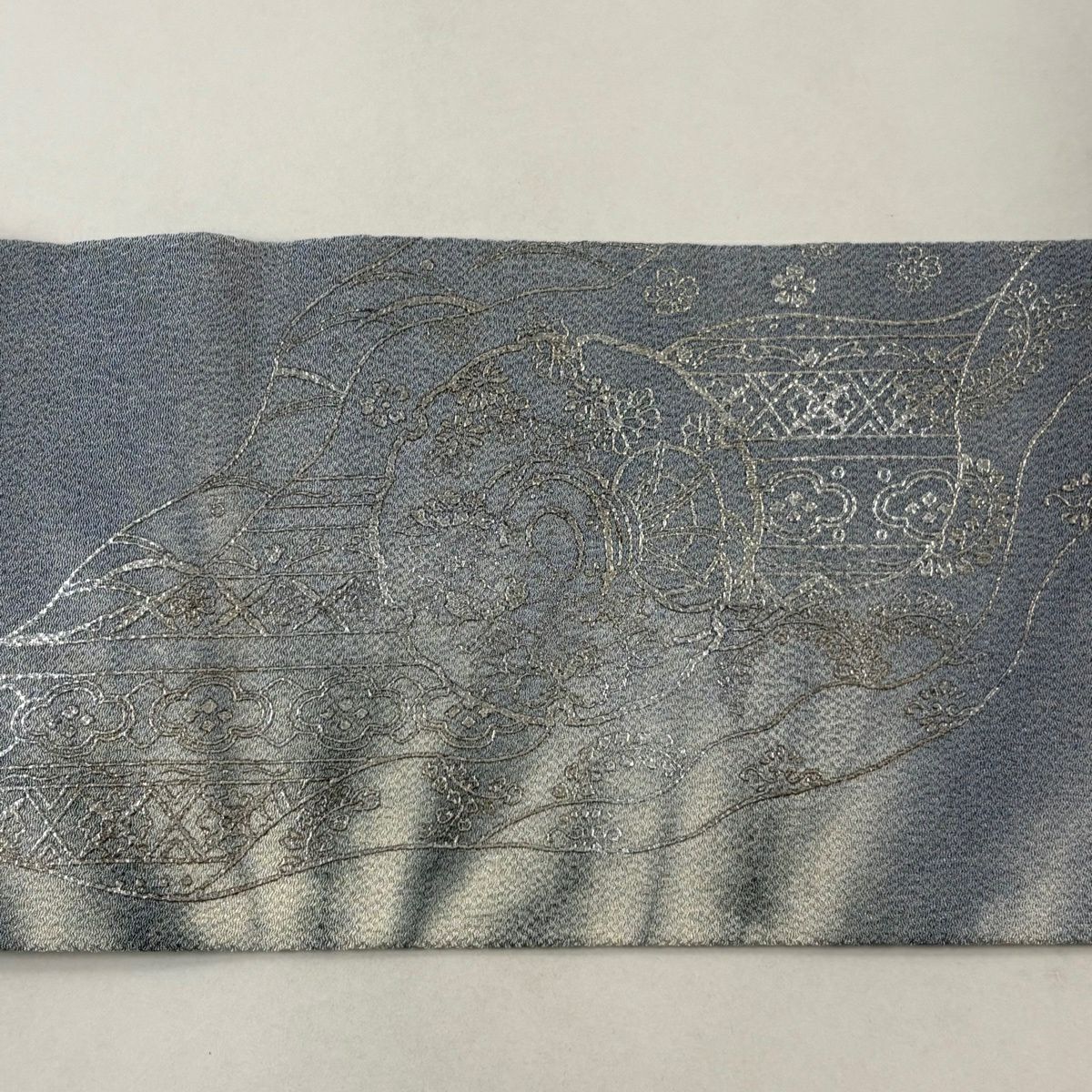 名古屋帶 秀品級 華紋 草花紋紋 金銀彩 漸層 青灰色 純蠶絲