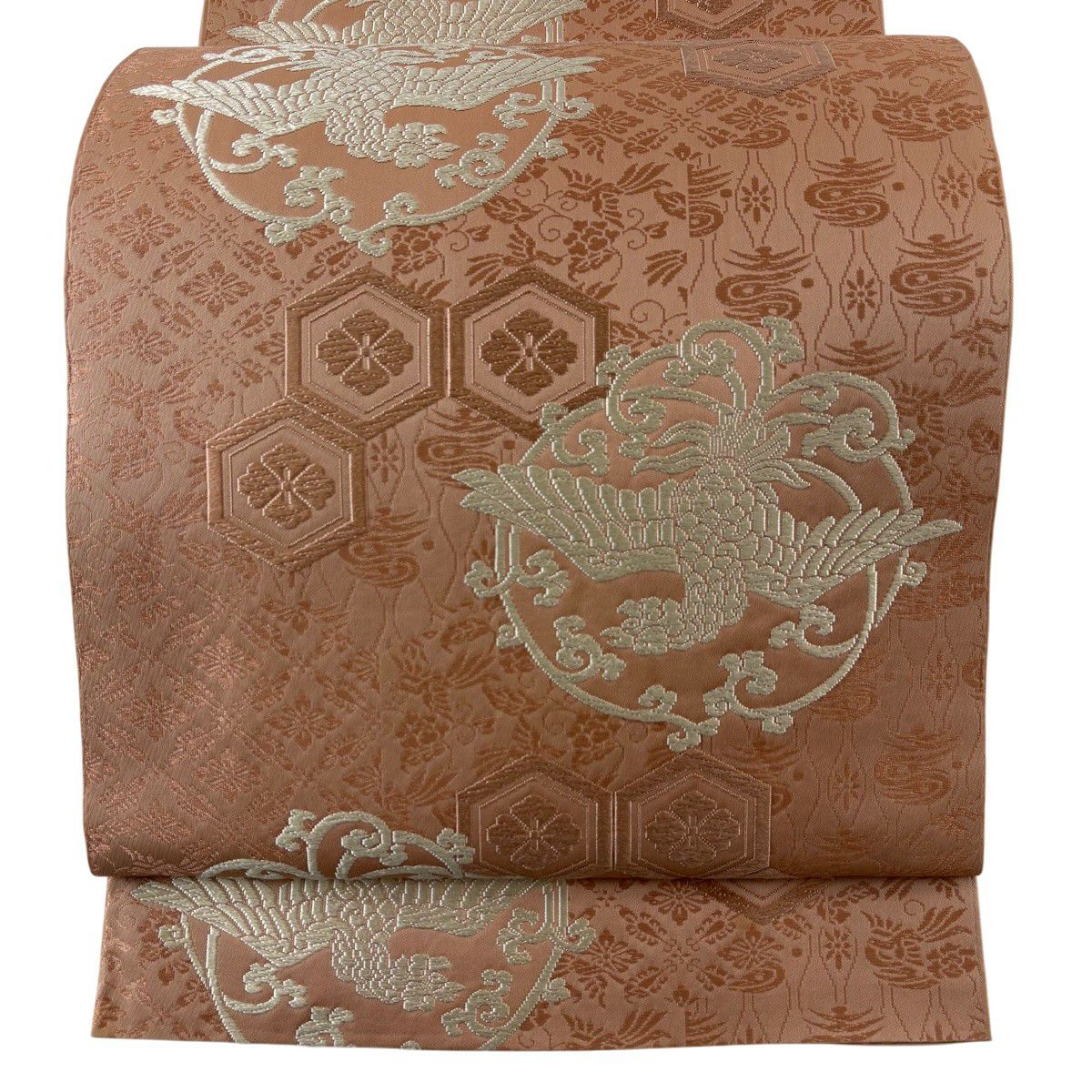 袋帶 秀品級 鳥 龜甲 刺繡 淺橙 六通 純蠶絲