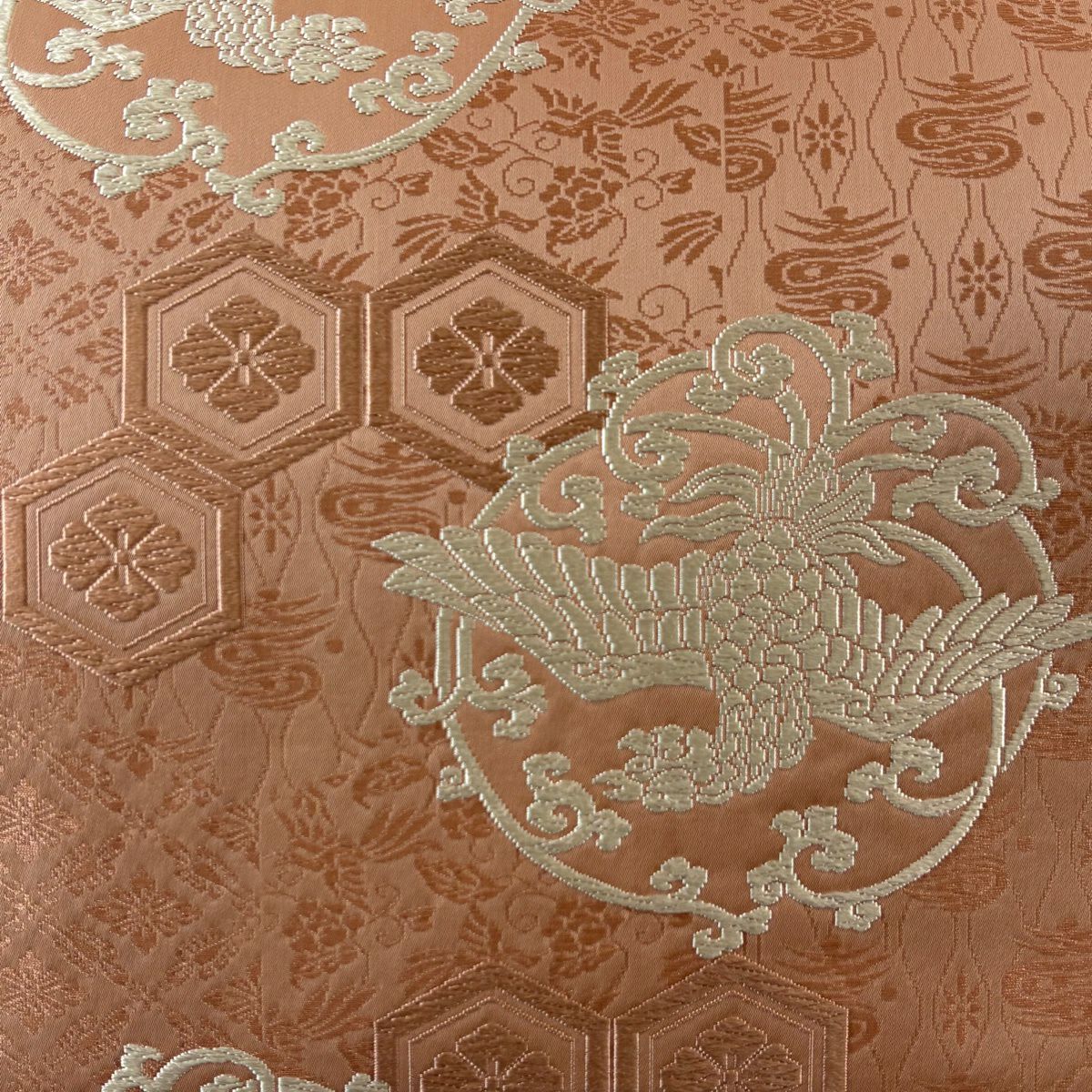 袋帶 秀品級 鳥 龜甲 刺繡 淺橙 六通 純蠶絲