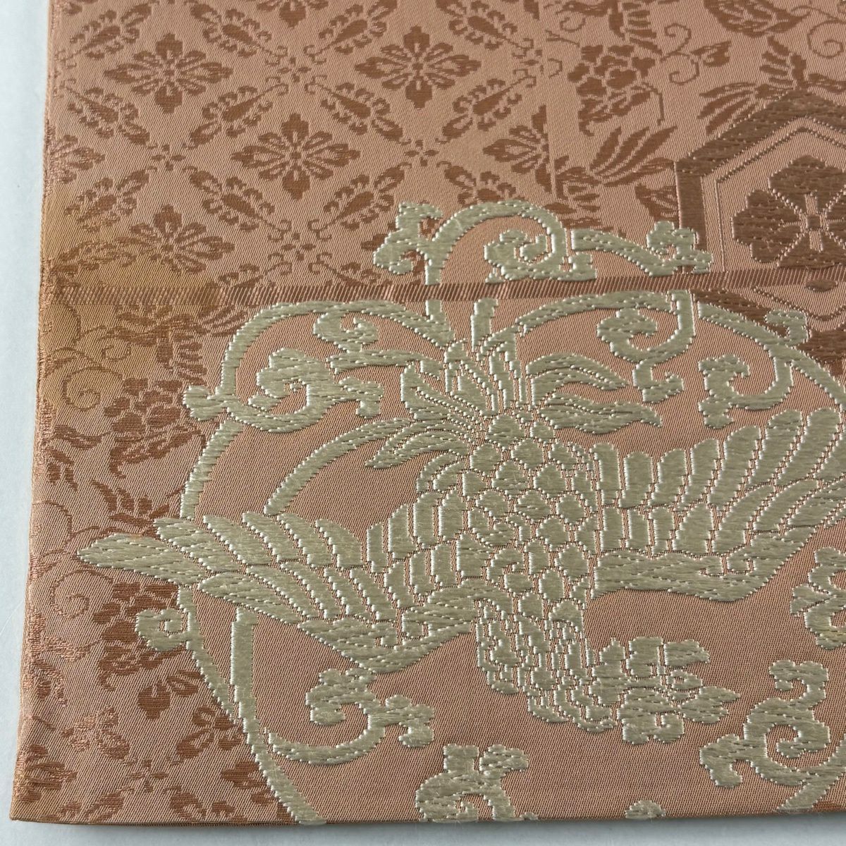 袋帶 秀品級 鳥 龜甲 刺繡 淺橙 六通 純蠶絲