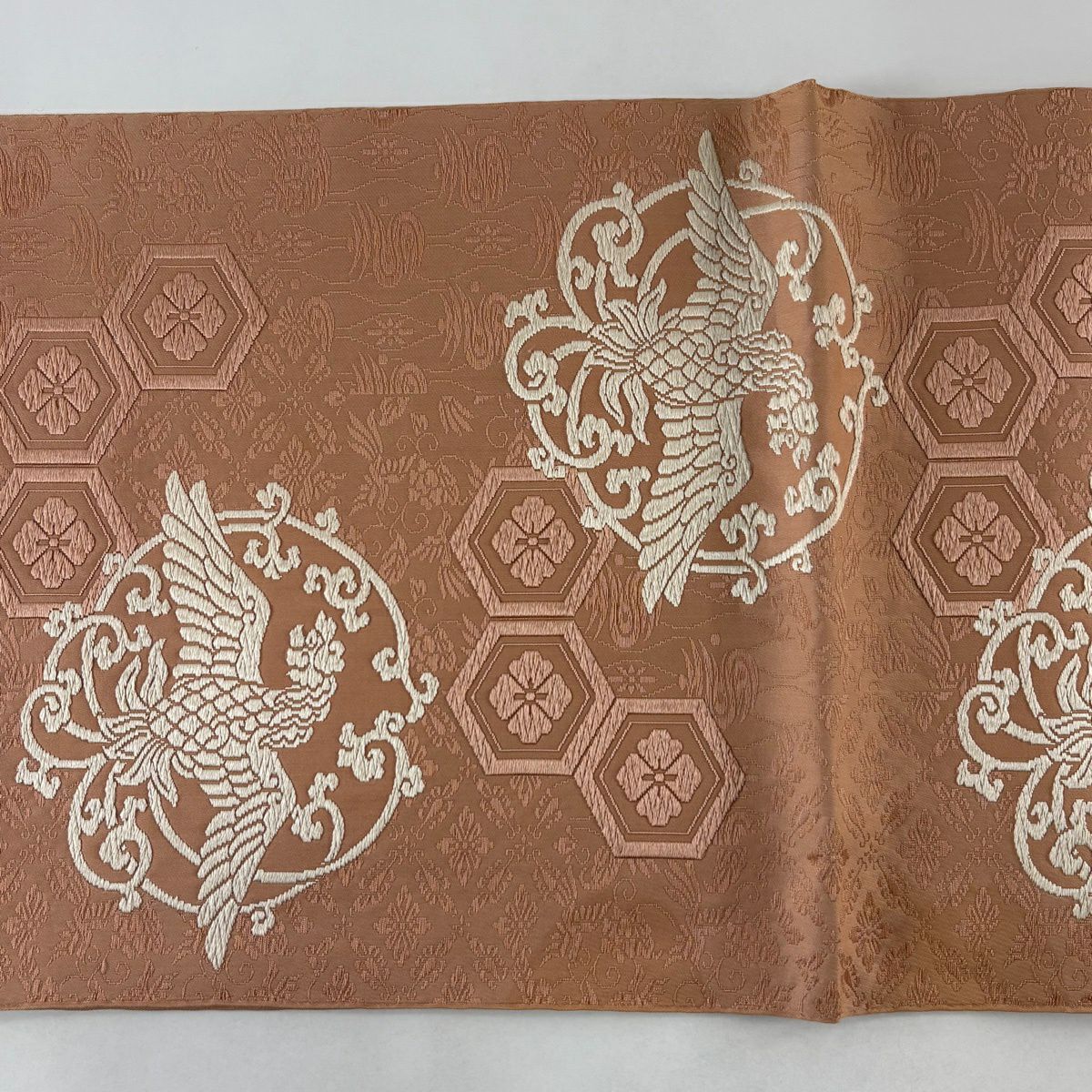 袋帶 秀品級 鳥 龜甲 刺繡 淺橙 六通 純蠶絲