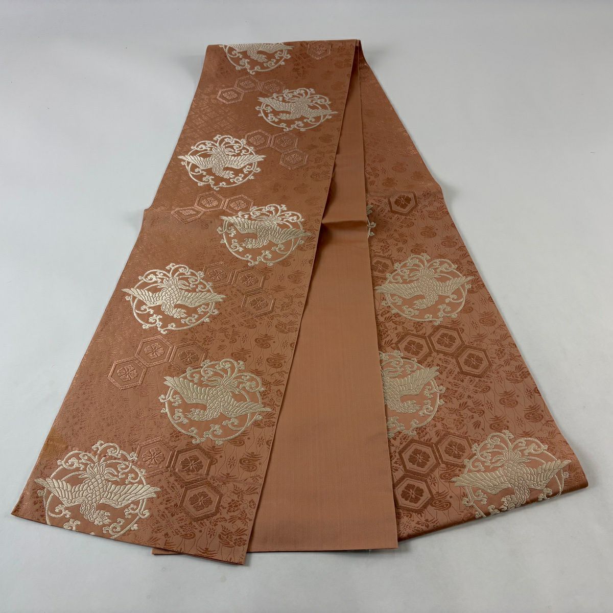 袋帶 秀品級 鳥 龜甲 刺繡 淺橙 六通 純蠶絲