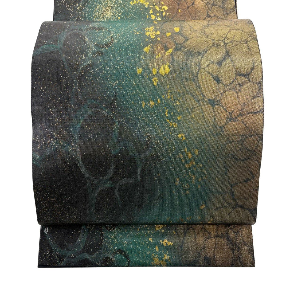 【美品】 袋帶 秀品級 幾何學 金金箔 深綠 六通 純蠶絲