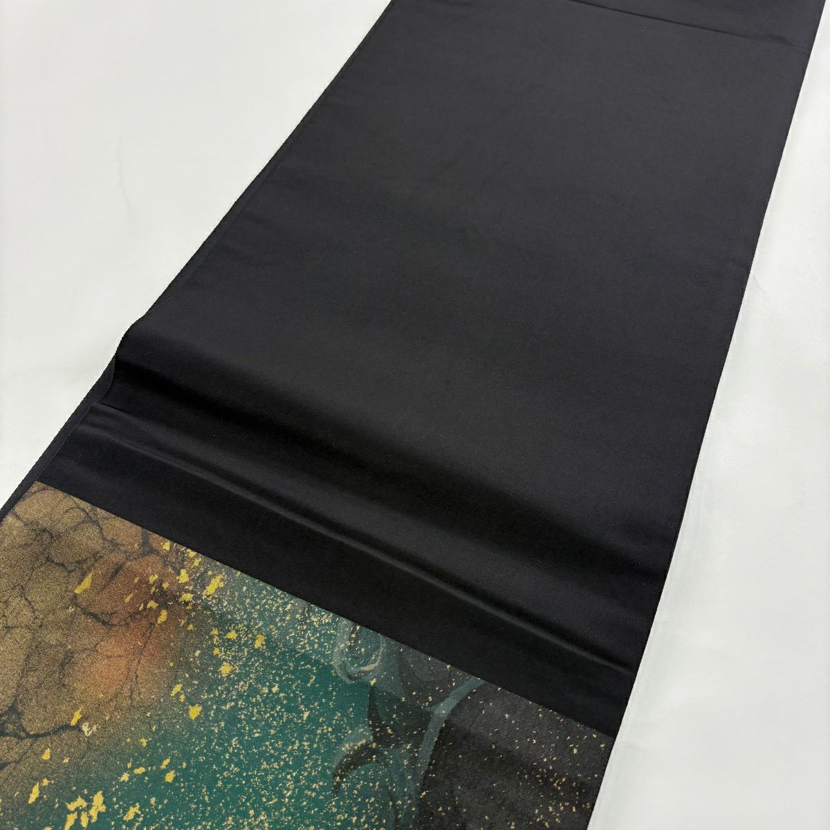 【美品】 袋帶 秀品級 幾何學 金金箔 深綠 六通 純蠶絲