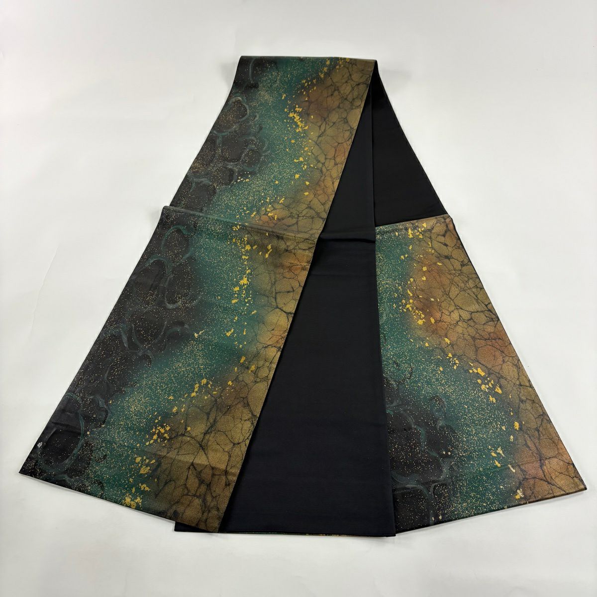 【美品】 袋帶 秀品級 幾何學 金金箔 深綠 六通 純蠶絲