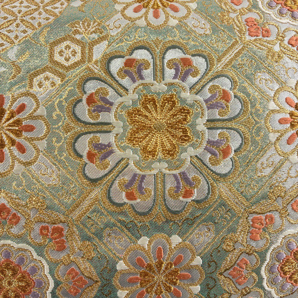 【美品】 袋帶 秀品級 華紋 花菱 金絲 金金箔 綠 六通 純蠶絲