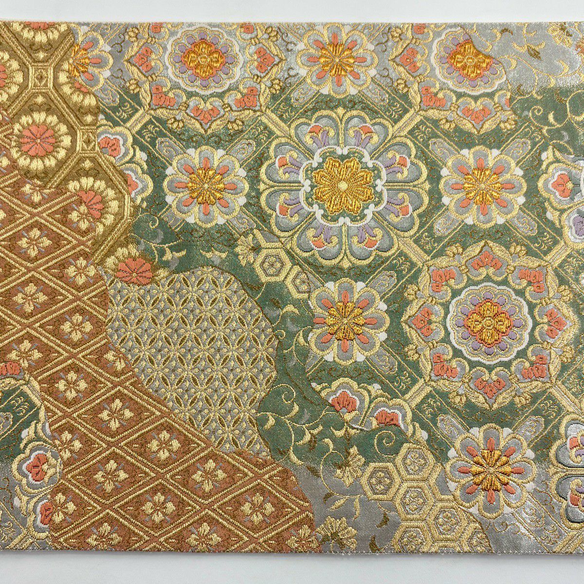 【美品】 袋帶 秀品級 華紋 花菱 金絲 金金箔 綠 六通 純蠶絲