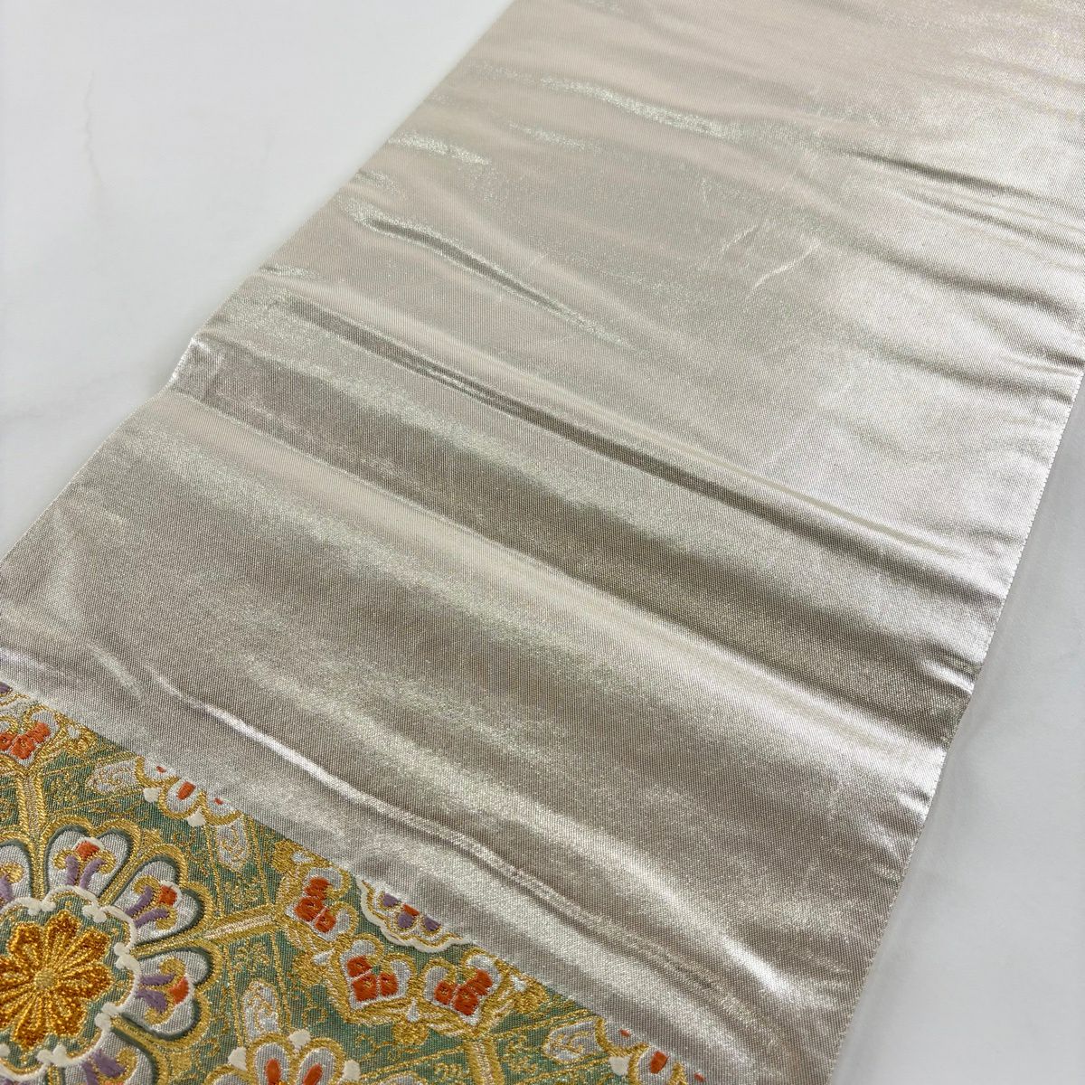 【美品】 袋帶 秀品級 華紋 花菱 金絲 金金箔 綠 六通 純蠶絲